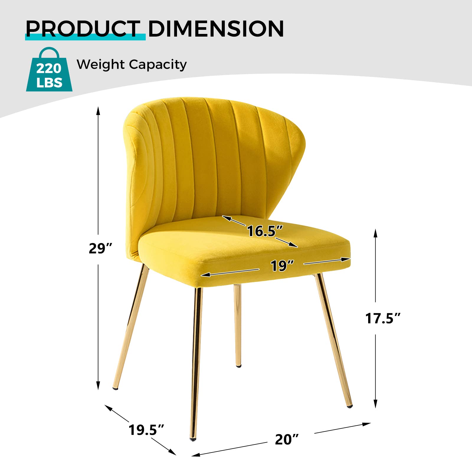 Modern Velvet Dining Room Chairs with Golden Metal Legs - Upholstered Tufted Accent Chair for Kitchen, Vanity, Patio & Beauty Room (Yellow, 1-Pack) - Perfect for Small Spaces, Breakfast Nooks & Cozy Home Decor
