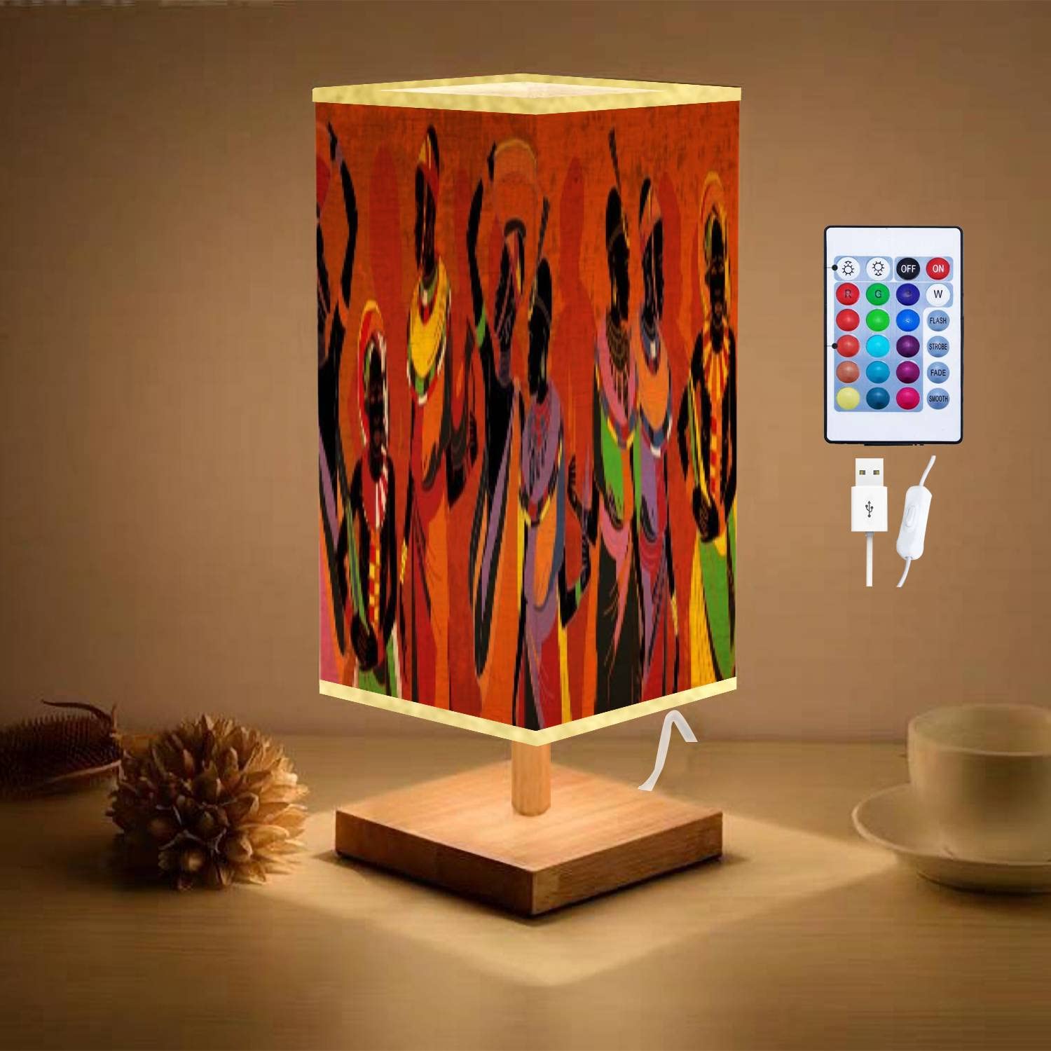 African Women Silhouettes Wooden Table Lamp with Dimmable Flaxen Fabric Shade - Handcrafted Nightstand Light for Bedroom, Living Room, Office | Perfect for Reading, Relaxing & Home Decor