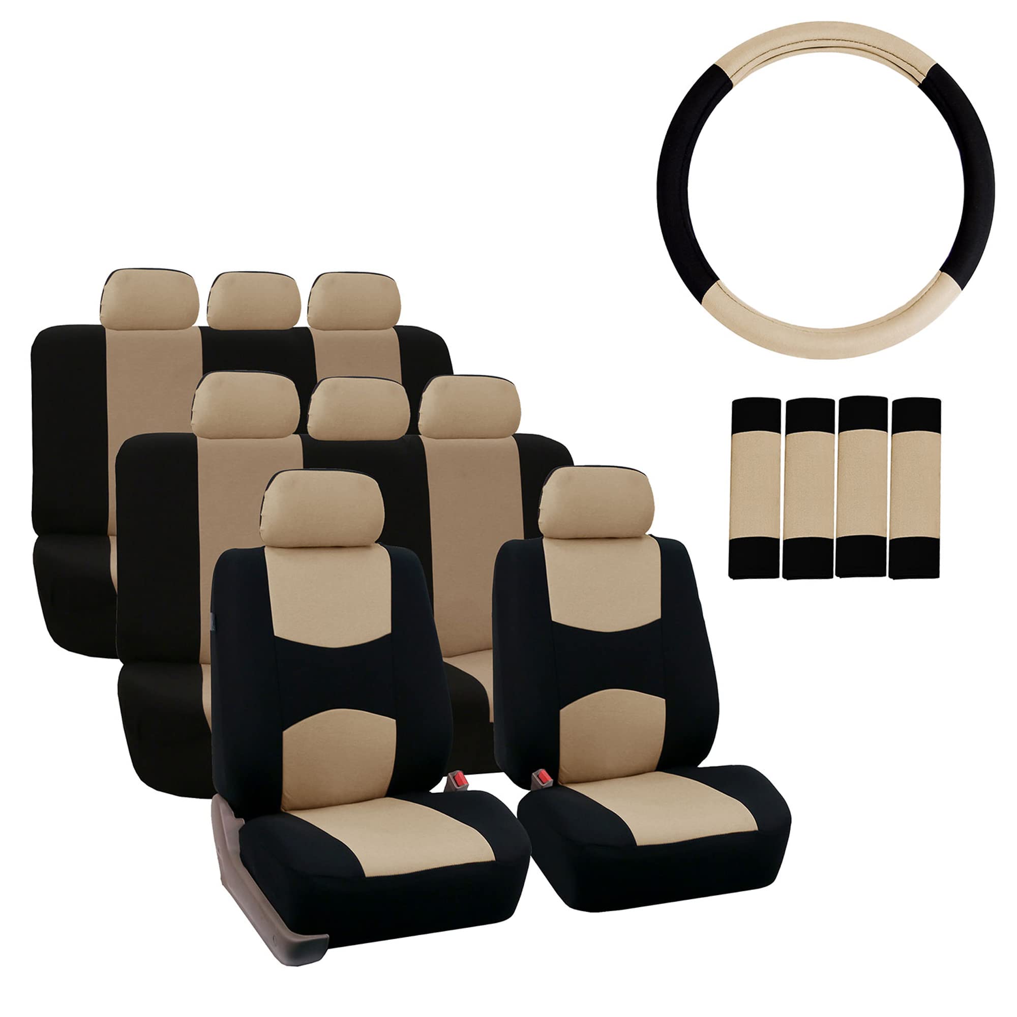 TLH Universal Fit 3-Row 8-Seater Beige Flat Cloth Car Seat Covers Set with Steering Wheel Cover & Seat Belt Pads - Durable Automotive Seat Protectors for Cars, Trucks & SUVs | Perfect for Family Road Trips, Daily Commuting & Vehicle Interior Protection