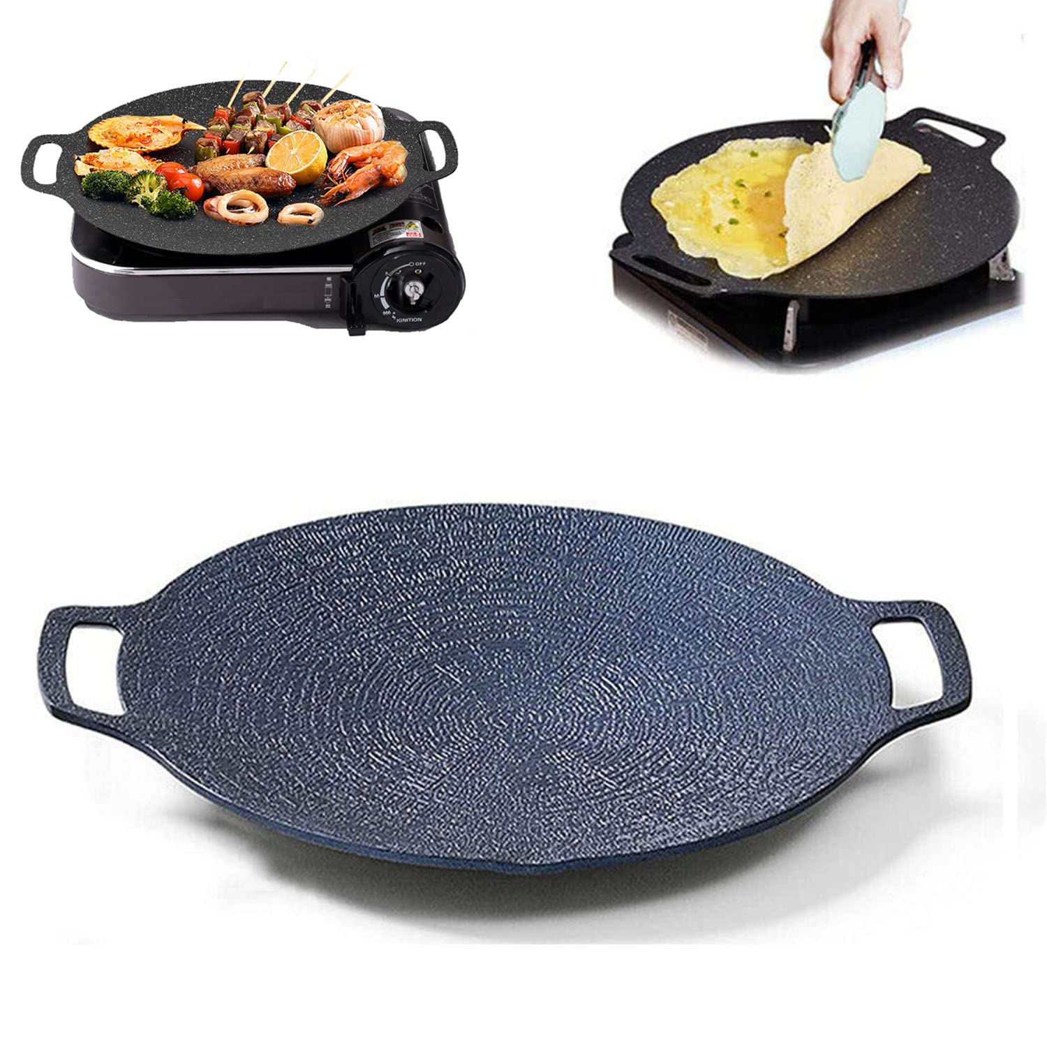 Non-Stick Stone Grill Pan - 14 Inch Round BBQ Griddle with Ergonomic Handle for Steak, Pancakes, Ribs - Perfect for Indoor & Outdoor Cooking, Camping, Picnics