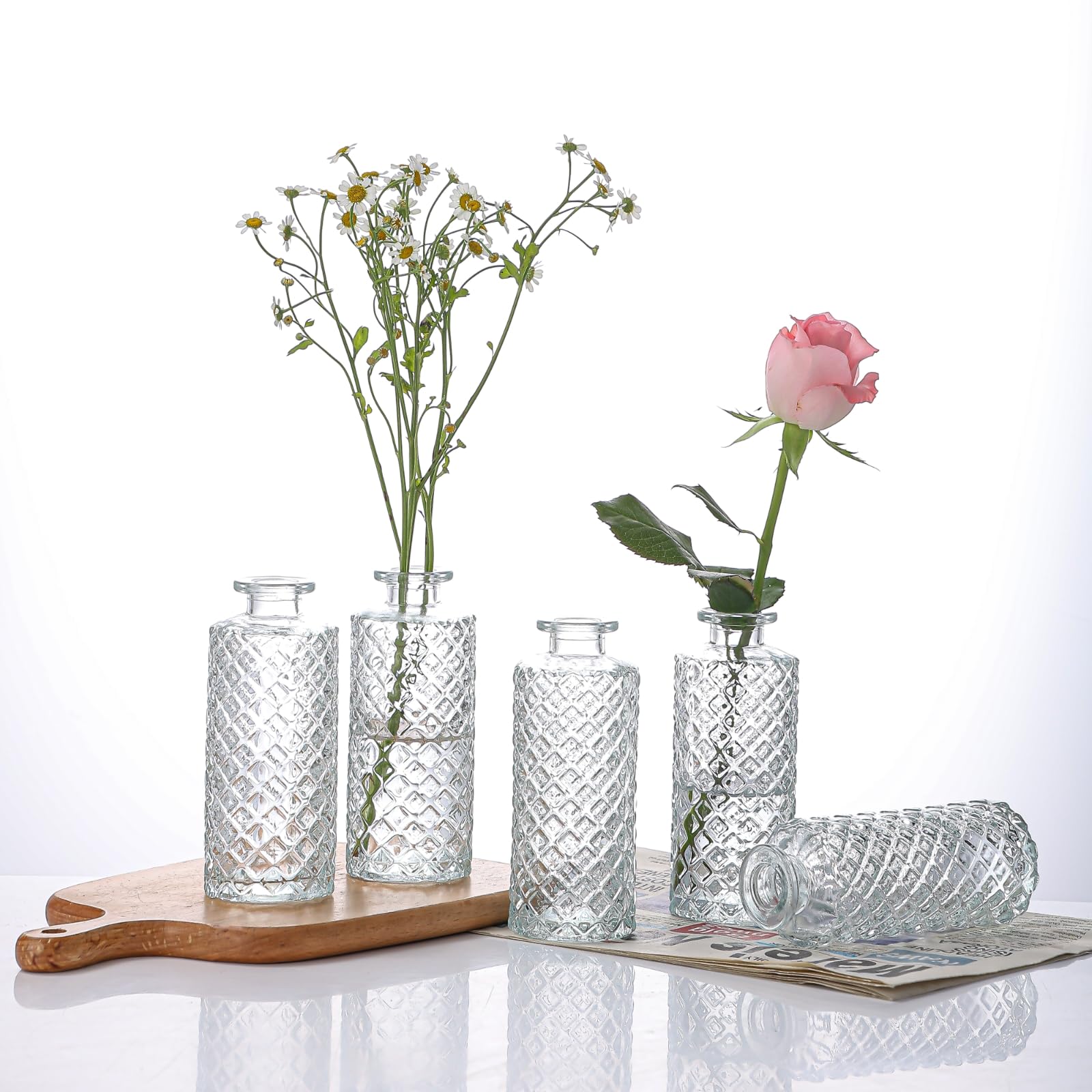 12-Piece Clear Glass Bud Vases Set - Small Diamond Cut Mini Flower Vases for Wedding Centerpieces, Table Decor, Office & Home Decor | Perfect for Wedding Receptions, Dining Tables, and Floral Arrangements