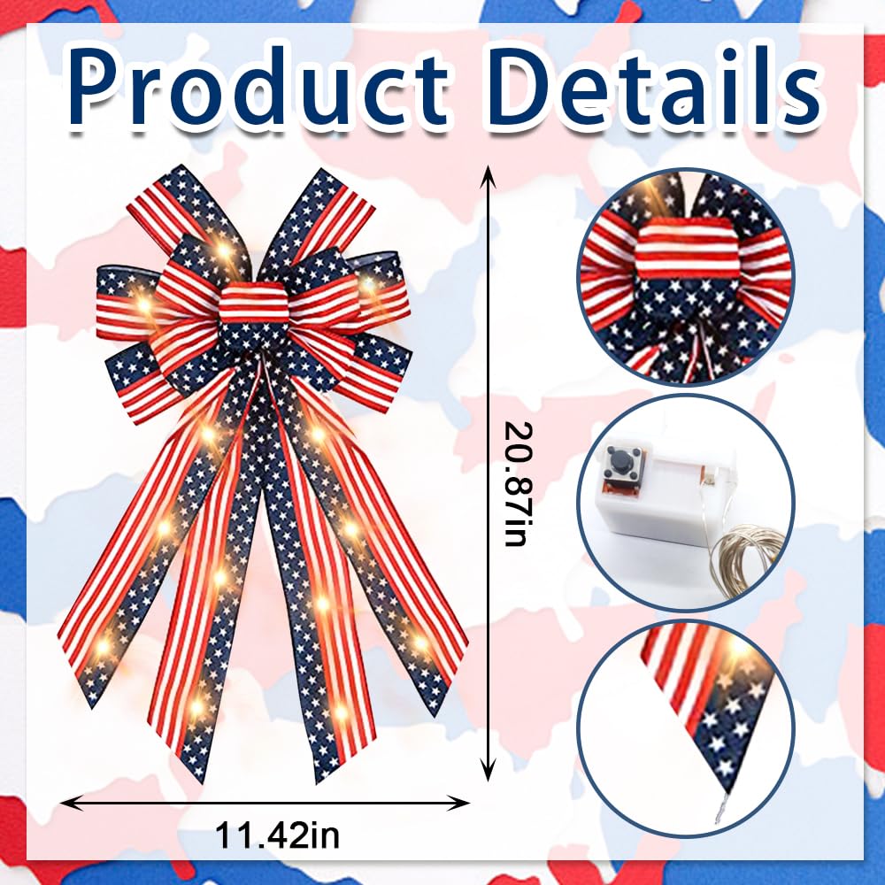 4th of July LED Wreath Bows - Patriotic Red White & Blue Burlap Bows with LED Lights | American Flag Star Decor for Front Door, Memorial Day, Independence Day & Patriotic Home Decor