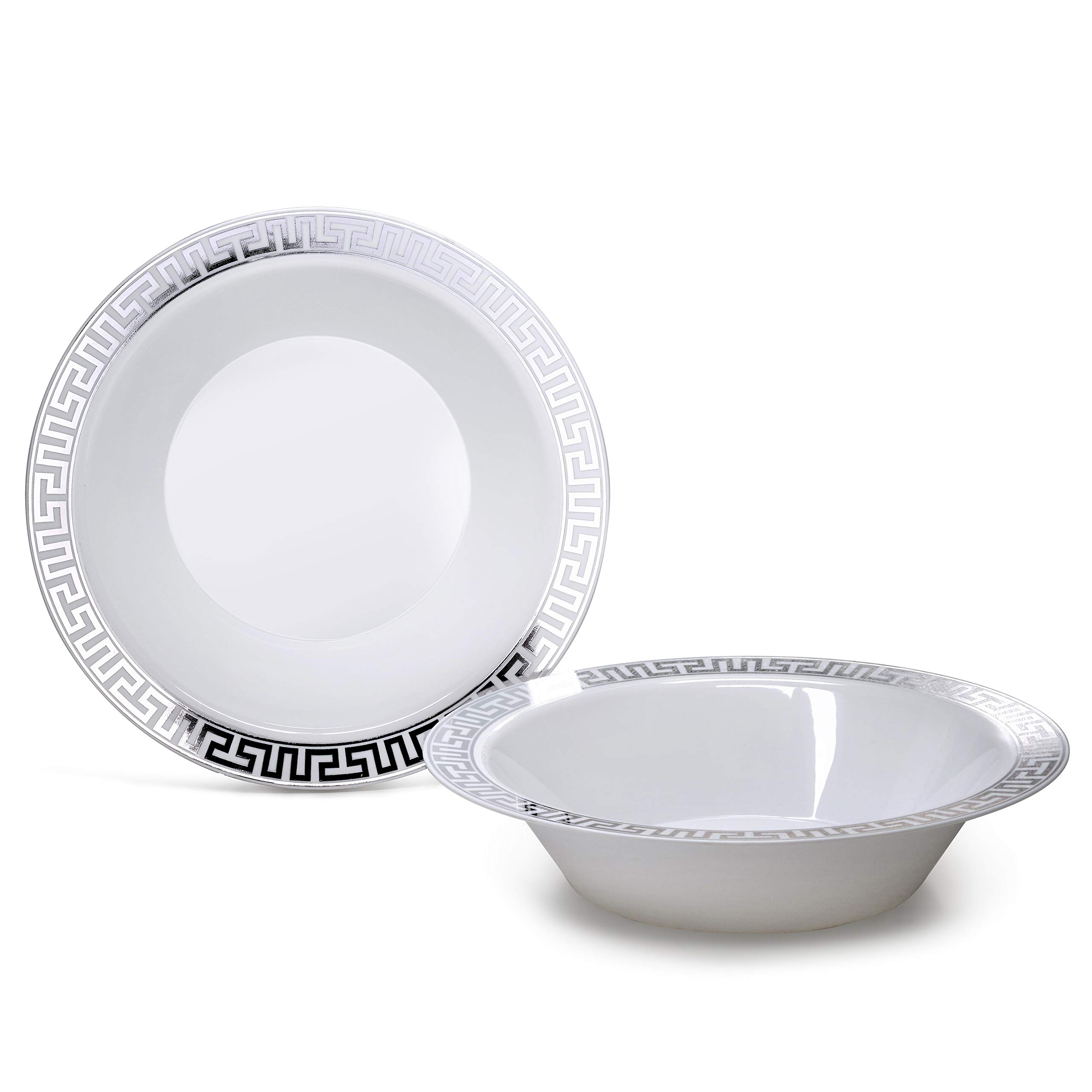 60-Piece Heavyweight Disposable Plastic Plates & Bowls Set - 14oz Soup Bowls for Wedding, Party & Events (Milano White & Silver) - Perfect for Catering, Picnics & Large Gatherings