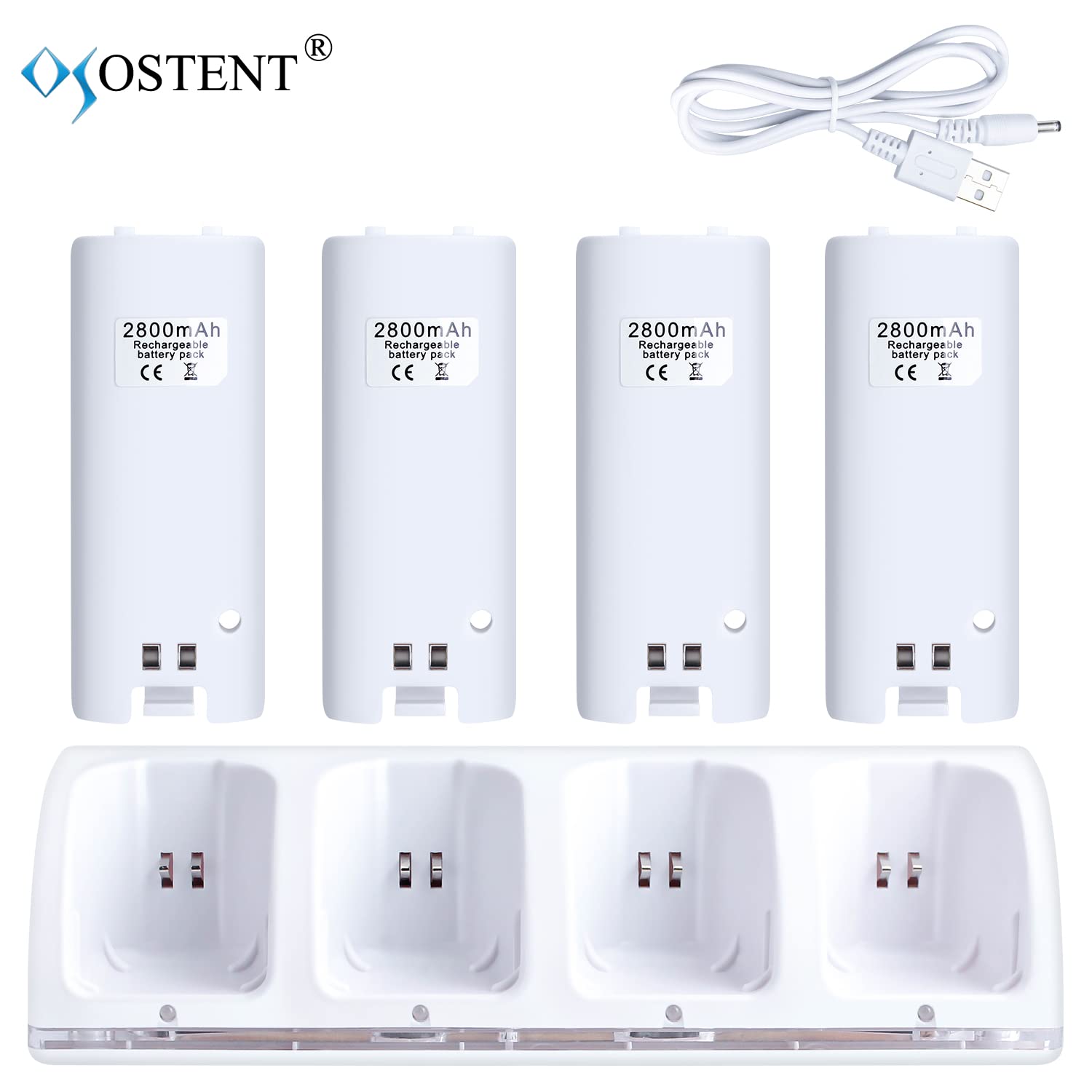 OSTENT Nintendo Wii Remote Controller Charger Dock Station with 4 Rechargeable Battery Packs - White | Fast Charging Dock for Wii Controllers | Perfect for Gaming Parties & Family Game Nights