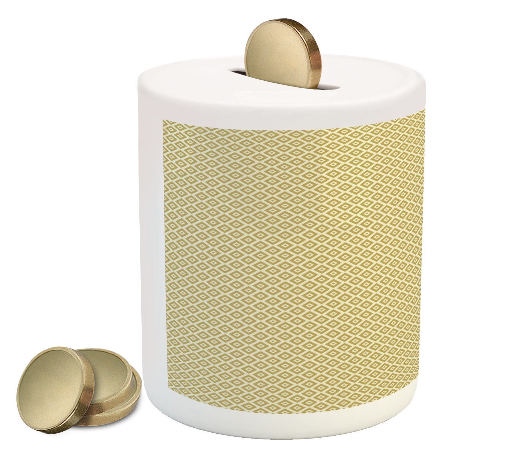 Ambesonne Retro Piggy Bank - Vintage Ceramic Coin Bank with Diamond Line & Geometric Tile Design for Cash Saving | Yellow & Cream | Perfect for Kids' Savings, Home Decor & Gift Ideas