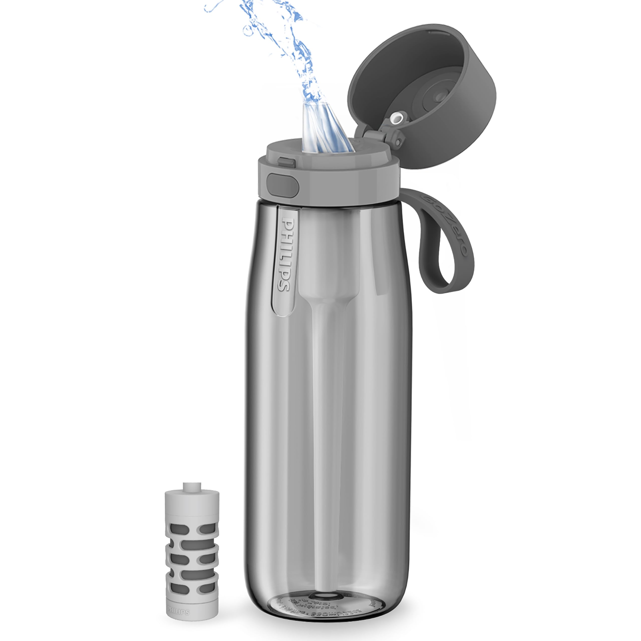 PHILIPS BPA-Free Tritan Filtered Water Bottle, 22 oz Reusable Water Bottle with GoZero Everyday Filter - Replace 450 Plastic Bottles, Portable Grey Filtering Bottle for Travel, Hiking, Gym & Outdoor Activities