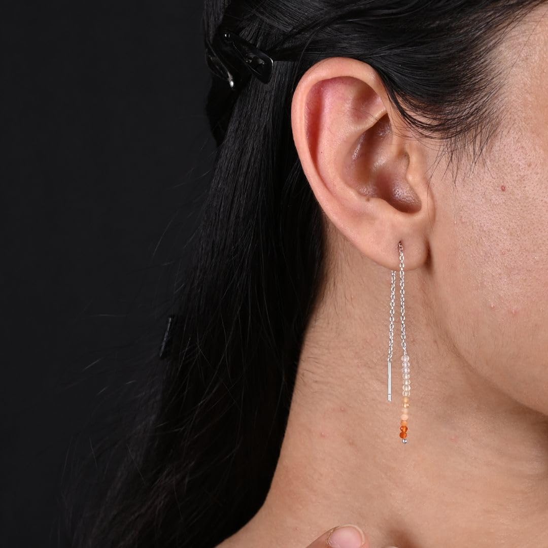7 Chakra Sterling Silver Threader Earrings for Women - Adjustable Lightweight Pull-Through Double Piercing Dangle Earrings - Long & Short Boho Jewelry for Yoga, Meditation & Spiritual Healing