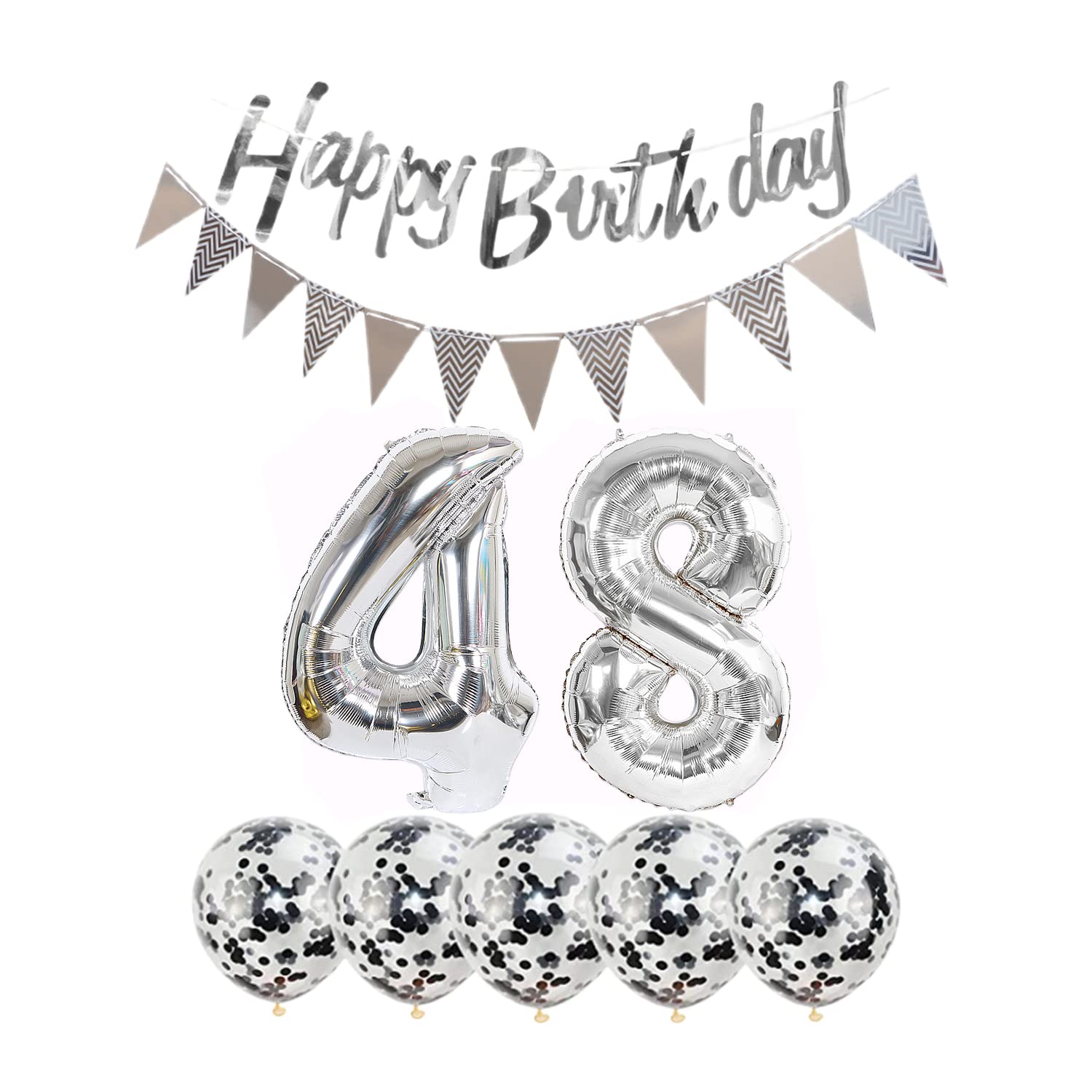 48th Birthday Decorations Set - 2 Number 48 Balloons, Happy Birthday Garland, Silver Foil Banner & 5 Confetti Balloons for Boys/Girls | Perfect for 48 Year Old Birthday Parties, Anniversaries & Milestone Celebrations