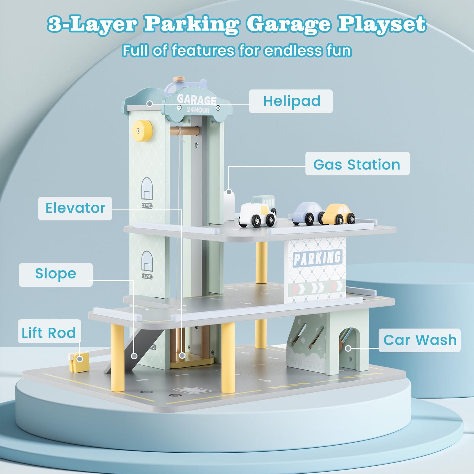 Costzon Multi-Level Wooden Toy Car Garage with 4 Cars, Helicopter & Working Elevator - Kids Parking Garage Playset with Gas Station, Charging Station & Ramps - Pretend Play Gift for Toddlers & Children Ages 3+ - Perfect for Imaginative Play, Birthday Gifts & Preschool Learning Activities