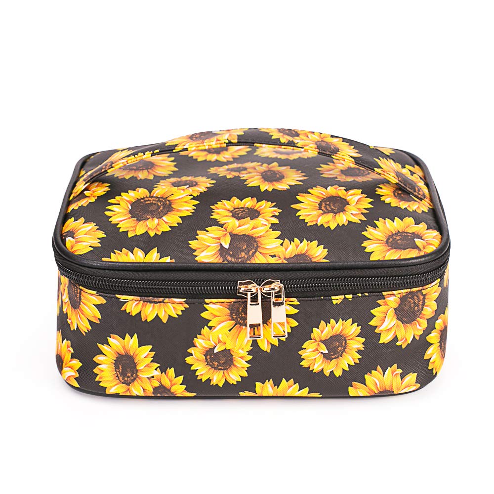 **Large Waterproof Sunflower Printed Makeup Bag - Travel Cosmetic Organizer with Gold Zipper for Brushes & Toiletries | Perfect for Women's Travel, Gym, or Daily Essentials Storage**