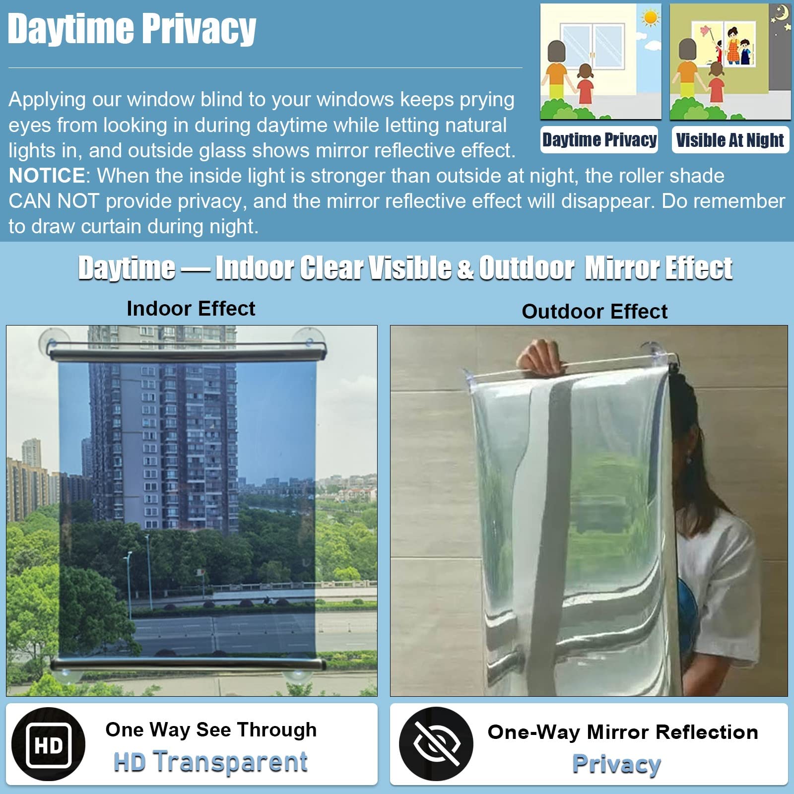 Blue One-Way Mirror Sun Shade Roller Blind with Suction Cups - Anti-UV Portable Window Cover Curtain for Home, Office & Car (83x150cm/32.6x59in) - Perfect for Privacy, Sun Protection & Temperature Control
