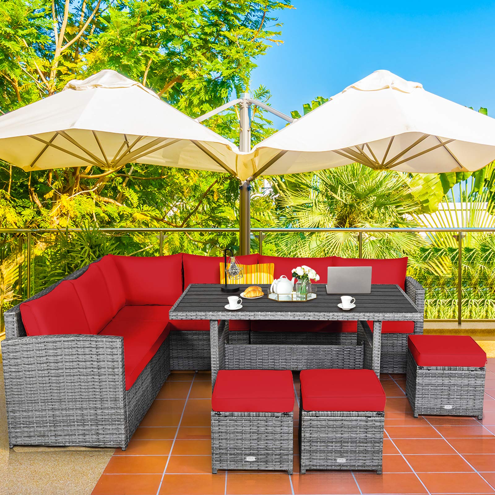 Tangkula 7-Piece Outdoor Patio Furniture Set - All-Weather Wicker Sectional Sofa with Cushions, Coffee Table & Ottomans for Backyard, Garden, Poolside - Perfect for Relaxing, Entertaining & Outdoor Dining