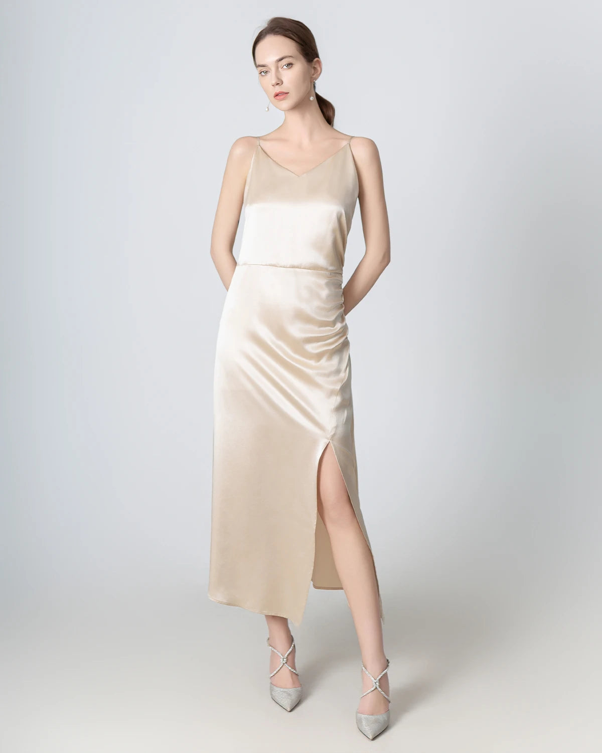 Elegant V-Neck Pleated Slit Maxi Silk Dress for Women - Perfect for Weddings, Parties & Evening Events