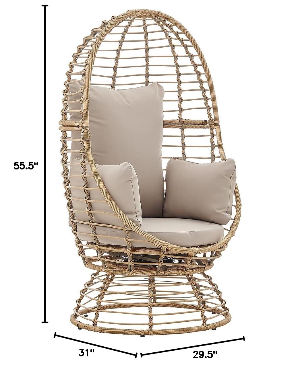 Barton Oversized Egg Style Wicker Swivel Chair with Canopy & 4 Cushions - Outdoor Patio Lounge Basket Chair for Garden, Poolside, and Backyard Relaxation