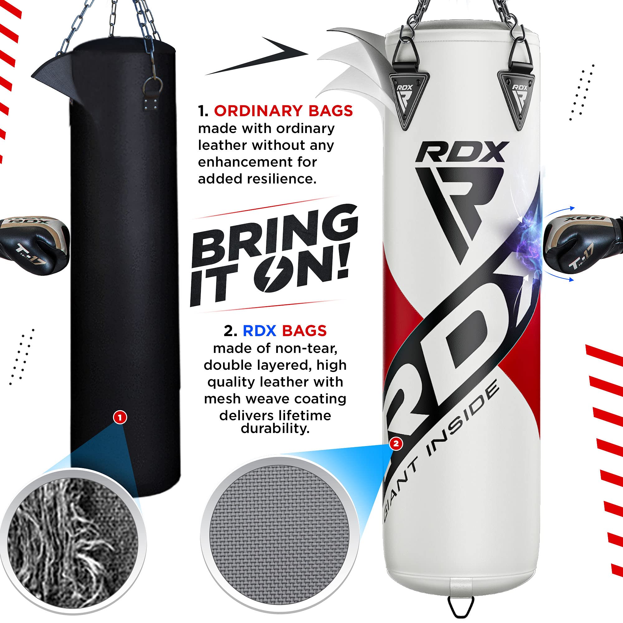 RDX Unfilled Punching Bag Set with Muay Thai Training Gloves & Punch Mitts - Includes Hanging Chain & Ceiling Hook - Perfect for MMA, Kickboxing, Martial Arts (4FT & 5FT Options) - Ideal for Home Gyms, Boxing Training & Fitness Workouts