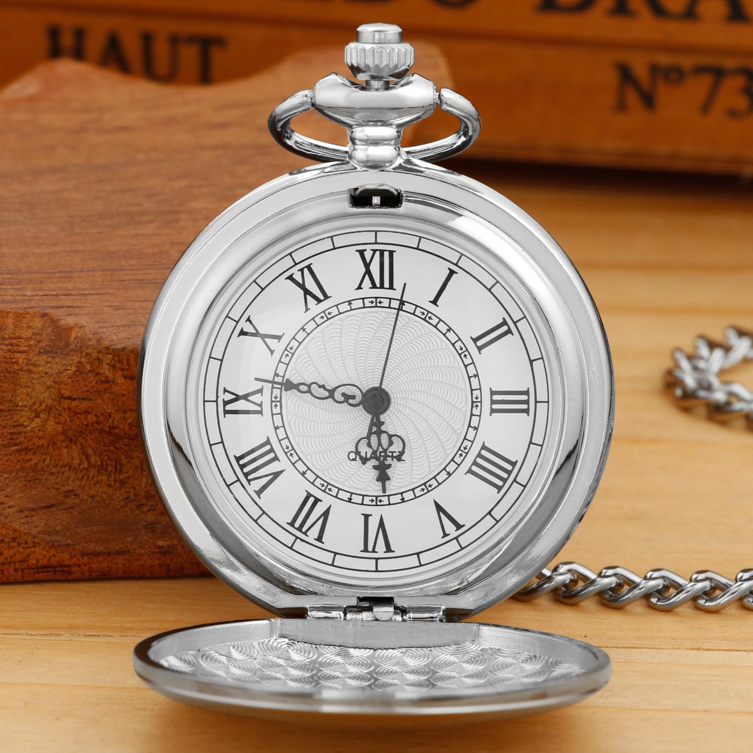 Vintage Roman Numeral Quartz Pocket Watch - Silver Smooth Round Case, White Dial with Belt Clip Chain - Perfect for Steampunk Costumes, Weddings & Collectors