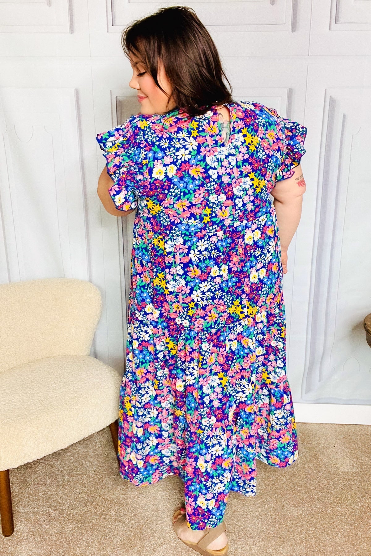Haptics Just A Dream Navy Floral Smocked Ruffle Sleeve Maxi Dress - Elegant Summer Beach Wedding Guest Dress for Women