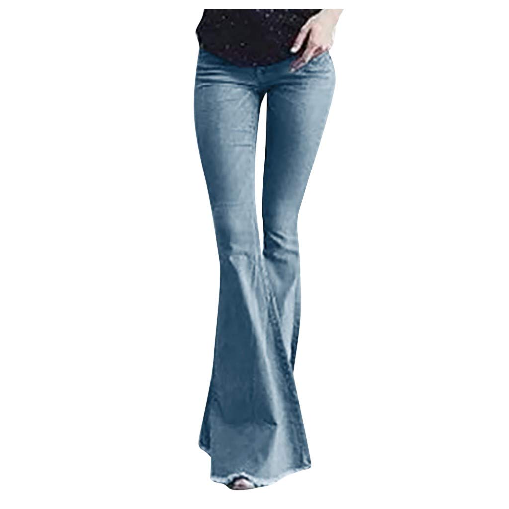 Women's High Waisted Bell Bottom Jeans - Stretchy Skinny Trousers in Blue | 70s Retro Fashion, Casual Outfit & Boho Style