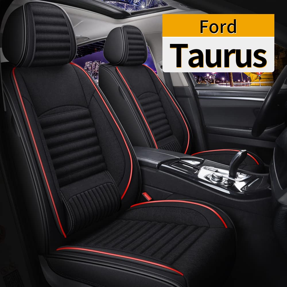 Custom Full Seat Cover for 2010-2019 Ford Taurus - Waterproof Leather & Breathable Linen Car Seat Protector with Airbag Compatibility (Red & Black) - Perfect for Road Trips, Daily Commutes, and Pet Protection
