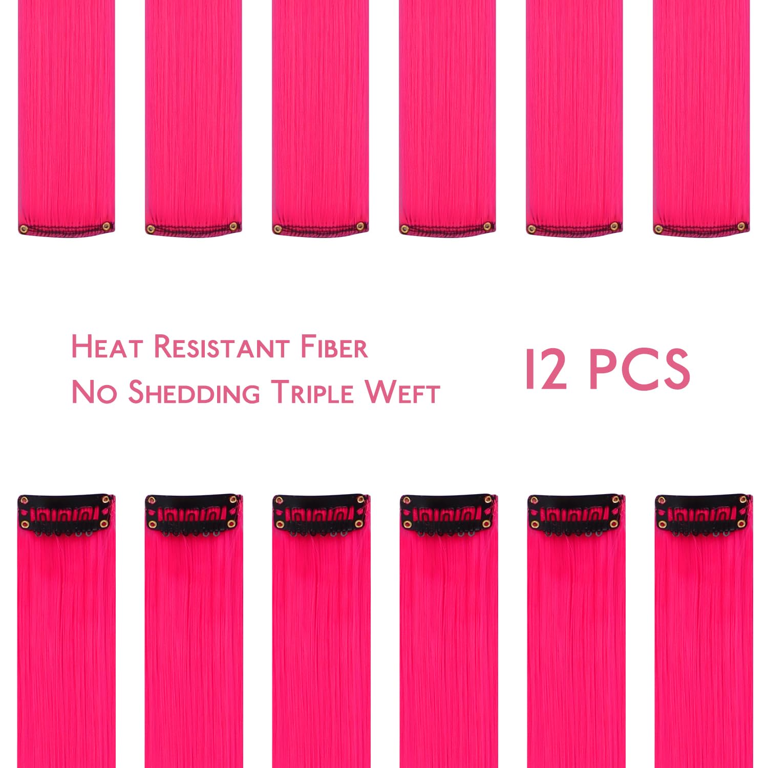 WENNALIFE 12 PCS Hot Pink Clip-in Hair Extensions for Kids - Synthetic Straight Rainbow Hair Highlights for Girls | Perfect for Parties, Cosplay & Colorful Hairstyles