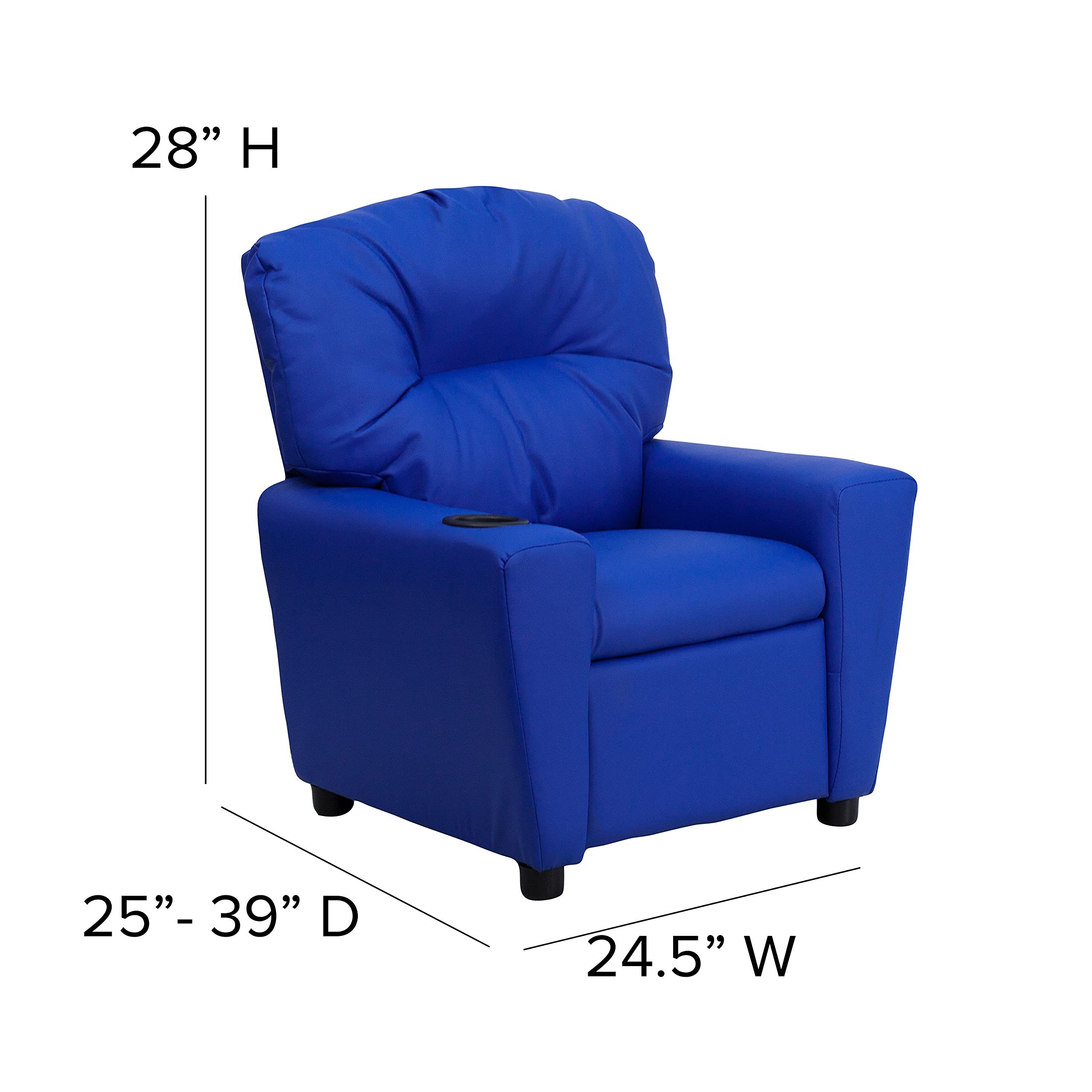 Emma & Oliver Blue Vinyl Kids Recliner Chair with Cup Holder - Comfortable Children's Lounge Chair for Playroom, Bedroom or TV Time