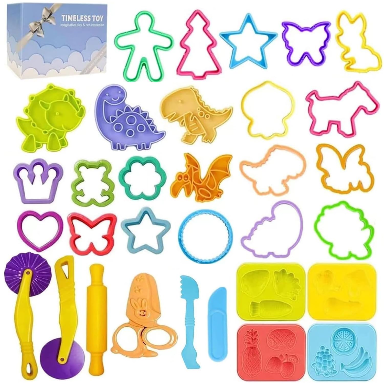 Dough Play Set for Kids - Dinosaur & Fruit Molds, Roller, Cutter, Scissors & Storage Box - Fun Learning & Creative Play for Ages 3+ - Perfect for Birthday Parties, Classroom Activities & Sensory Play