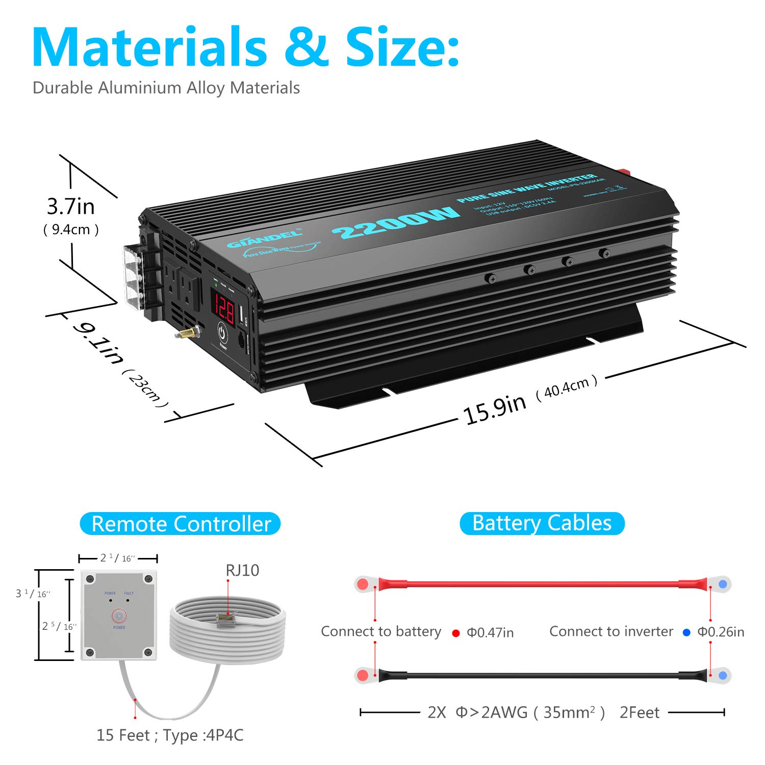 GIANDEL 2200W Pure Sine Wave Power Inverter - 12V DC to 120V AC Converter with 20A Hardwire Kit & 15FT Remote - ETL/UL458 Certified for RV, Truck, Boat, Solar & Emergency Backup Power - 3 Year Warranty