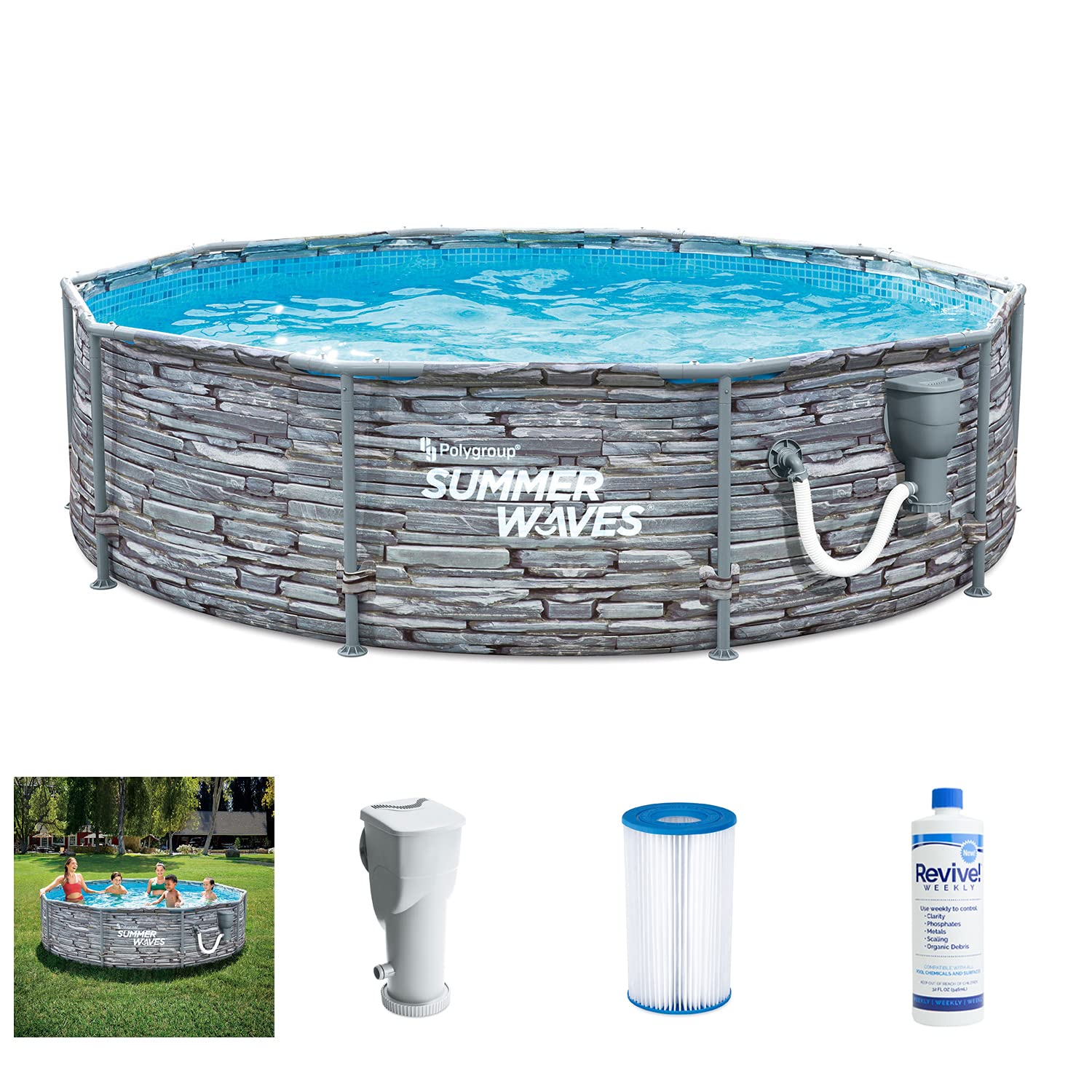 Summer Waves Active 12ft x 33in Stone Print Metal Frame Above Ground Pool Set with Filter Pump, Type D Cartridge & Cleaner | Durable Outdoor Swimming Pool for Backyard, Garden & Family Fun