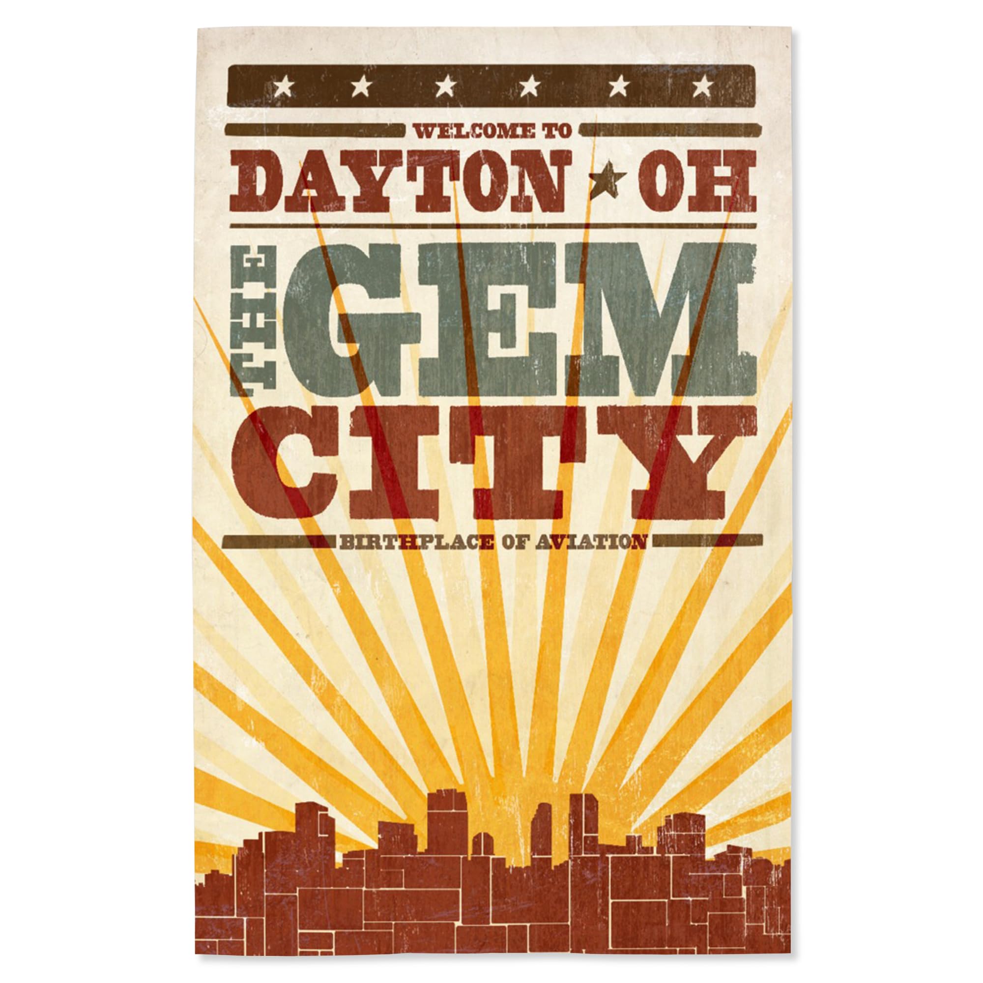 Lantern Press 16x24 Inch Giclee Art Print - Dayton Ohio Skyline & Sunburst Screenprint Style Wall Decor - Perfect for Living Room, Office & Home Decoration