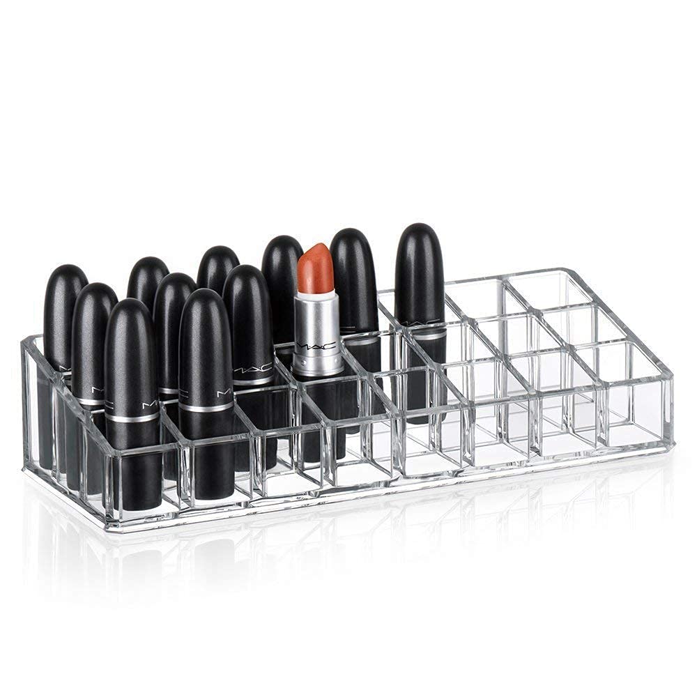 24-Slot Clear Acrylic Lipstick Organizer Stand | Flipco Cosmetic Display Holder for Lipsticks, Makeup Brushes & Small Bottles | Perfect for Vanity, Bathroom & Salon Organization