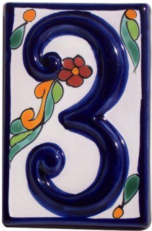 Authentic Colonial Talavera Ceramic House Number 3 - Hand-Painted Mexican Tile Address Plaque for Front Door, Porch & Garden Decor
