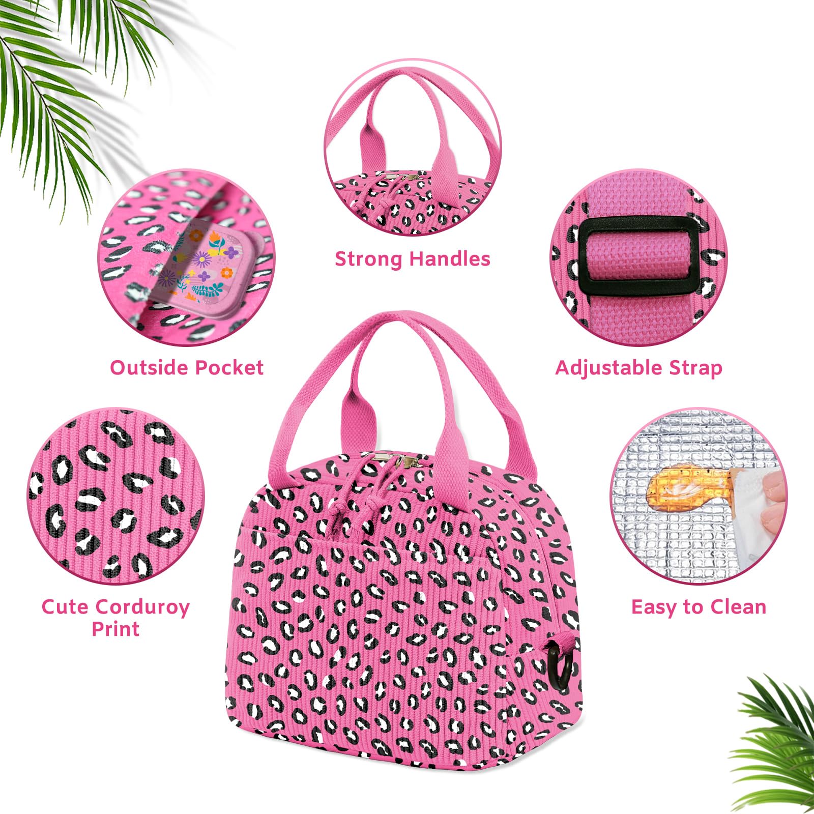 Stylish Insulated Lunch Bag for Women & Men - Large Corduroy Lunch Box with Adjustable Shoulder Strap, Leopard Print Tote | Perfect for Work, School, Picnics & Outdoor Activities | Reusable & Eco-Friendly Cooler Lunch Case