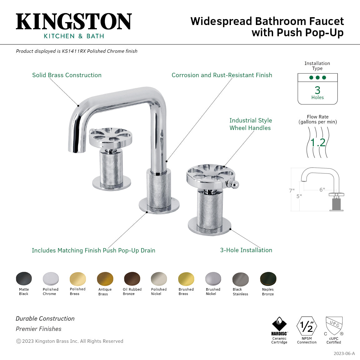 Belknap KS1411RX 3-Hole Widespread Bathroom Faucet with Push Pop-Up Drain - Polished Chrome Finish - Perfect for Modern Bathroom Vanities and Sink Upgrades