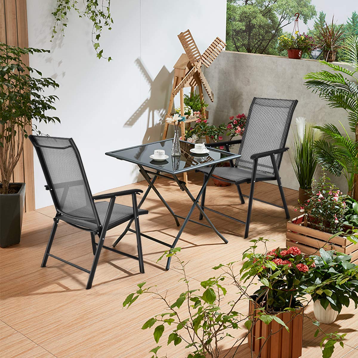 AFSTAR Outdoor Folding Chairs Set of 2 - Patio Sling Chairs with Armrests for Backyard, Garden, Pool & Porch - Lightweight Foldable Lawn Chairs (Gray) - Perfect for Camping, Picnics & Beach Trips