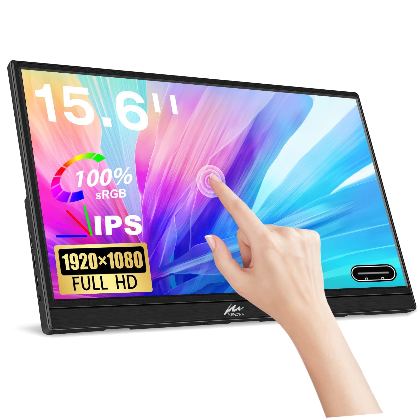 Kenowa 15.6 Inch Portable Touchscreen Monitor - Full HD 1080P IPS Display with HDR, USB-C & HDMI Ports, Built-in Speakers & Stand | External Second Screen for Laptop, PC, Mac, Gaming (Xbox, PS4/5, Switch) & Mobile Work Setup