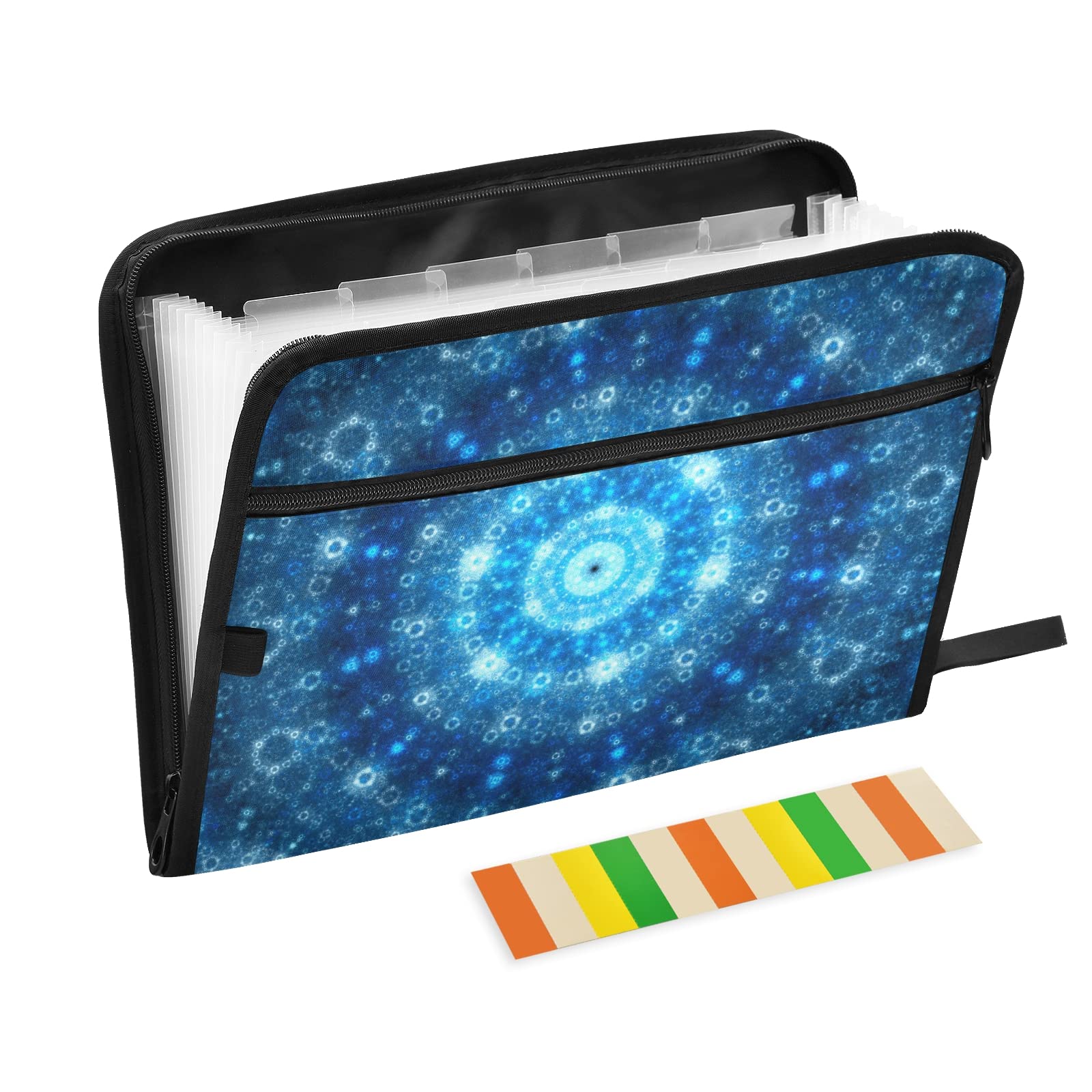 KFBE Blue Flowers Expanding File Folder with Sticky Labels - 13 Pocket Accordion Organizer for Letter/A4 Paper - Zipper Closure Document Holder - Perfect for Office, School, Home & Travel Organization