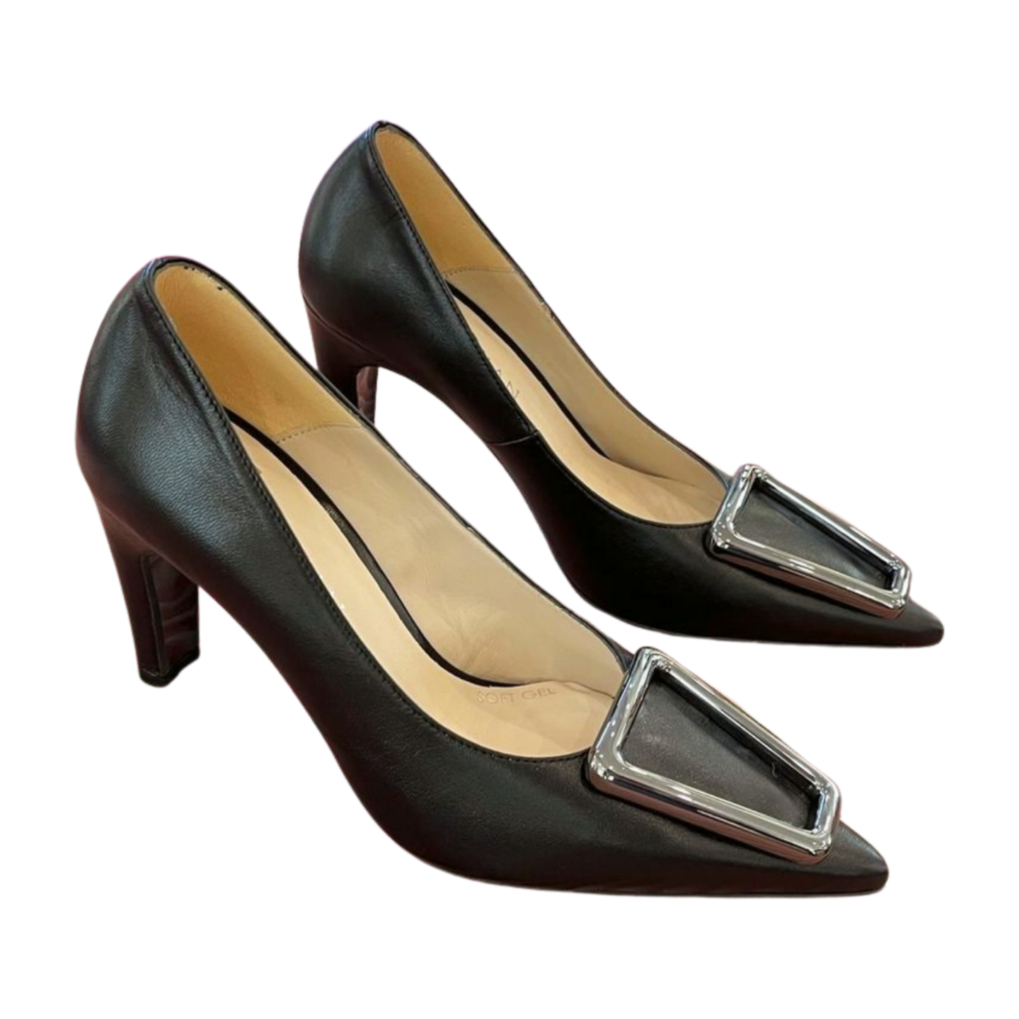 MARIAN Black Leather Pointed Toe Court Shoes with Pewter Buckle - Elegant Women's Dress Pumps for Office, Wedding & Formal Occasions