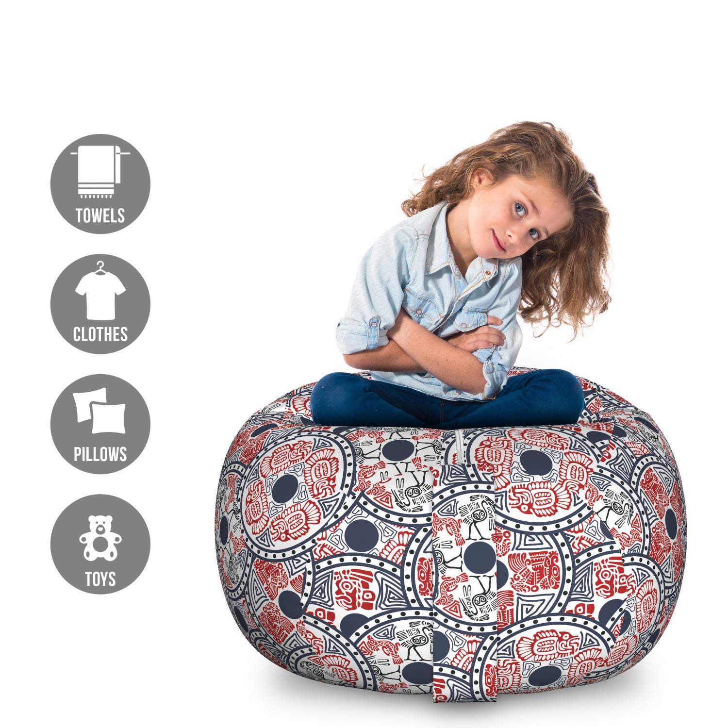 Ambesonne Native Storage Toy Bag Chair - Large Washable Organizer with Mayan Animal & National Motif Design in Vermilion & Dark Blue | Kids Room Decor, Playroom Storage, Stuffed Animal Holder