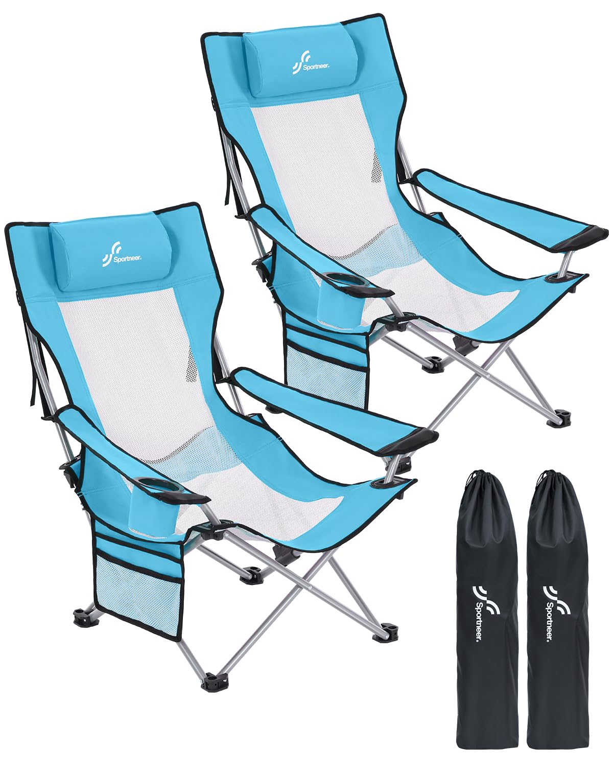 Sportneer 2 Pack Adjustable Folding Beach Chairs with Cup Holder & Side Pocket - Portable Reclining Camping Chairs for Adults, Compact Outdoor Chairs for Beach, Picnic, Backyard & Travel (Blue)