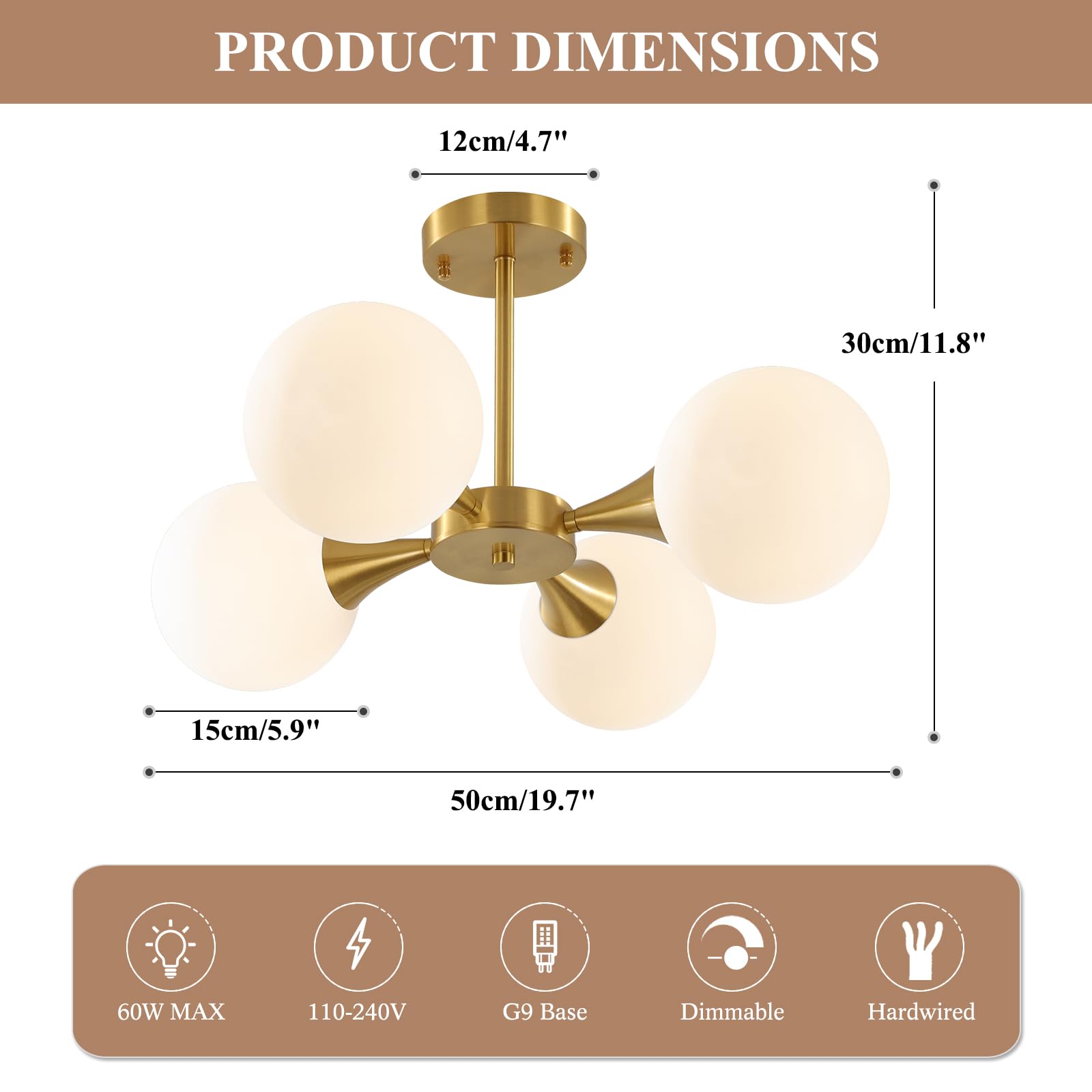 Modern Gold Semi Flush Mount Sputnik Chandelier - 4-Light Mid Century Ceiling Lamp with Frosted Glass Globes - Perfect for Living Room, Dining Room & Bedroom Lighting