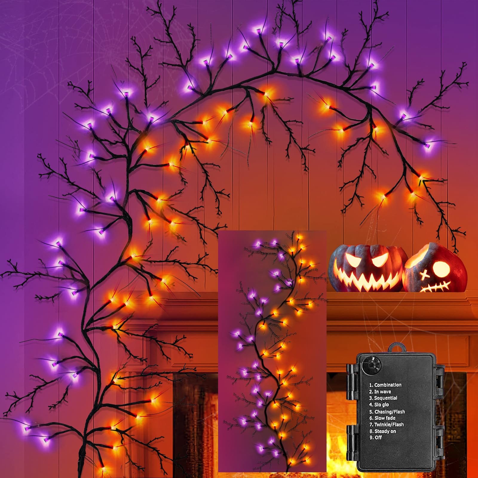 8 Modes & Timer Thanksgiving LED Willow Vine Garland - 6FT Orange Purple Twig Lights for Halloween, Home, Indoor Wall & Fireplace Decor | Perfect for Holiday Parties & Cozy Seasonal Ambiance