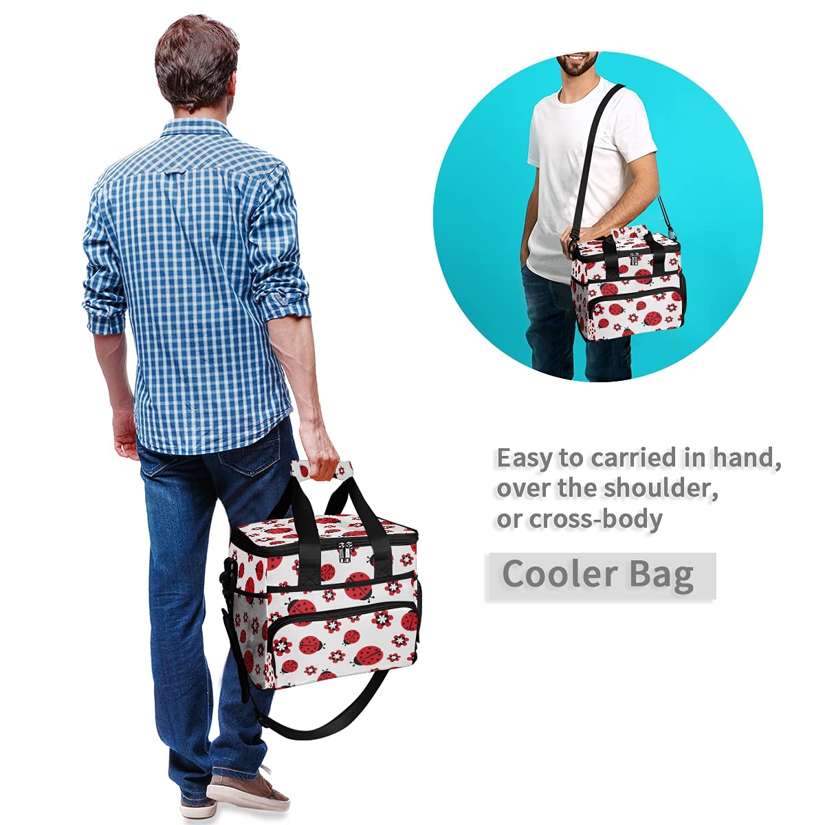 AUUXVA Large Insulated Cooler Bag - Waterproof, Leakproof & Reusable for Camping, Picnic, Beach & Travel - Floral Red Ladybug Design Lunch Tote for Outdoor Activities & Daily Use