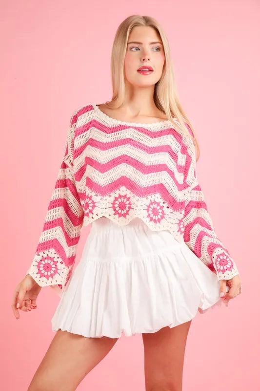 Floral Crochet Knit Top for Women - Boho Summer Blouse, Beach Cover Up, Music Festival Outfit