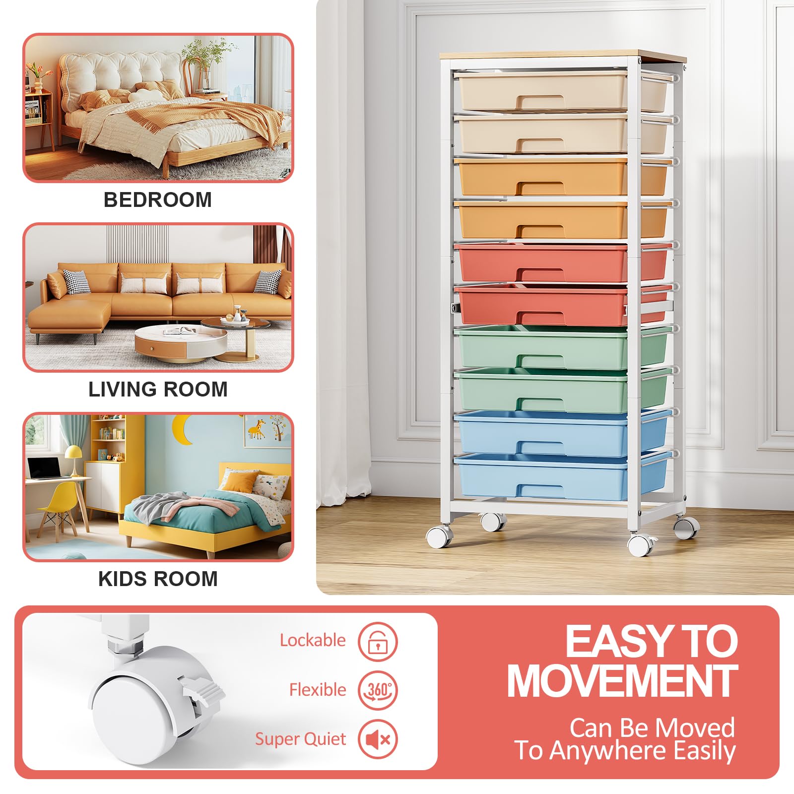 10-Drawer Rolling Storage Cart with Wheels & Wooden Tabletop - Mobile Utility Organizer for Classroom, Craft Room, Office & Home Use - Rainbow Design Teacher Cart