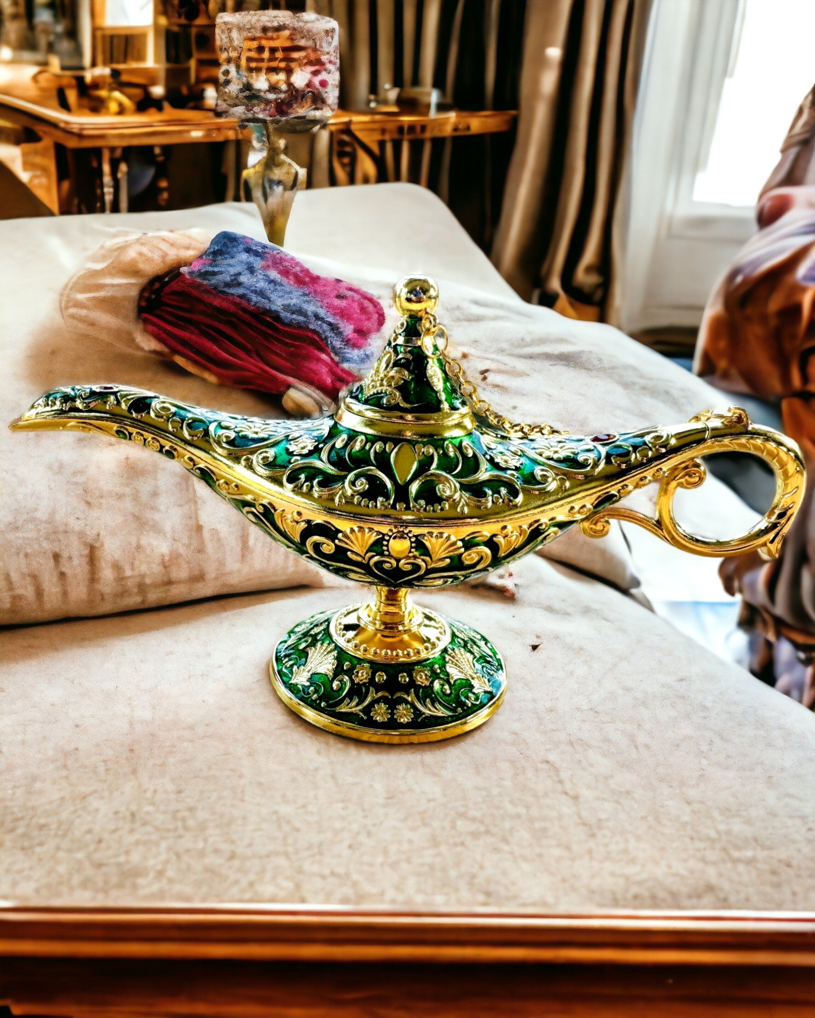 Custom Engraved Magic Aladdin Lamp - Dark Green & Gold Decor for Home, Gift, or Collection | Vintage Arabian Nights Theme for Bedroom, Living Room, or Party Decor