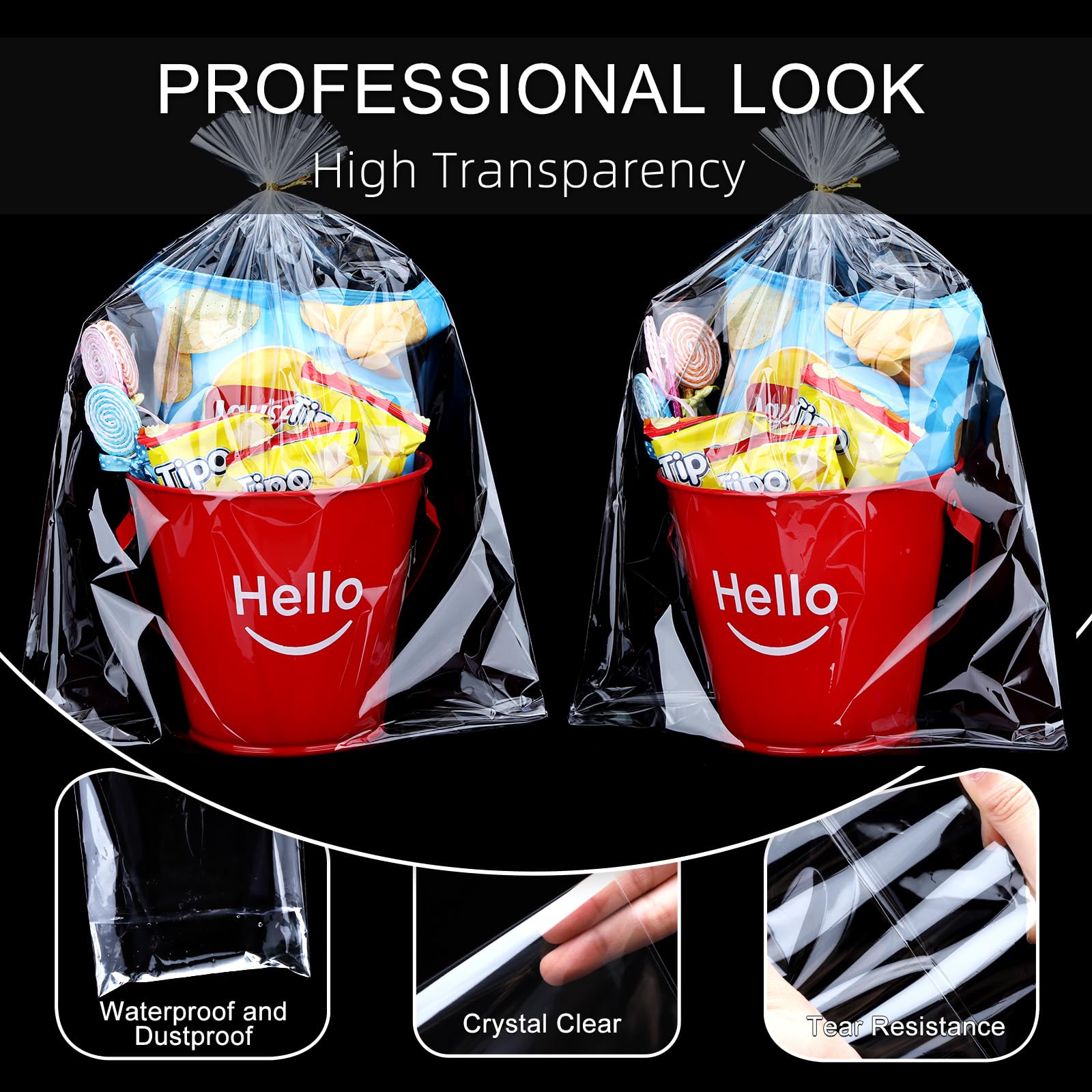 OYAVISR 50pcs 12x16 Inch Clear Cellophane Candy Bags with Ties - Party Favor, Goodie, Cake Pop, Gift, Apple & Cookie Bags for Bakery, Birthday, Baby Shower, Wedding Favors and Holiday Gift Baskets