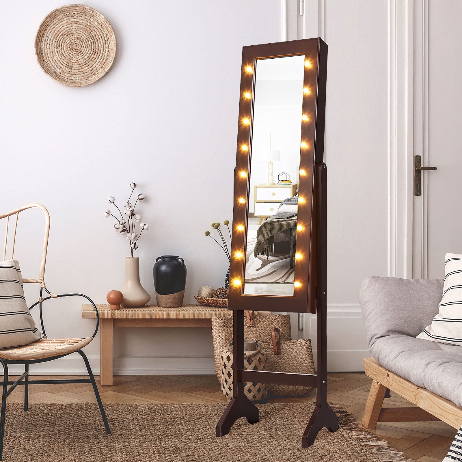 LDAILY Standing Jewelry Armoire with 18 LED Lights - Full Length Mirror Jewelry Cabinet Organizer for Necklaces, Earrings & Accessories - Large Storage Jewelry Stand for Women & Girls (Brown) - Perfect for Bedroom, Dressing Room & Closet Organization