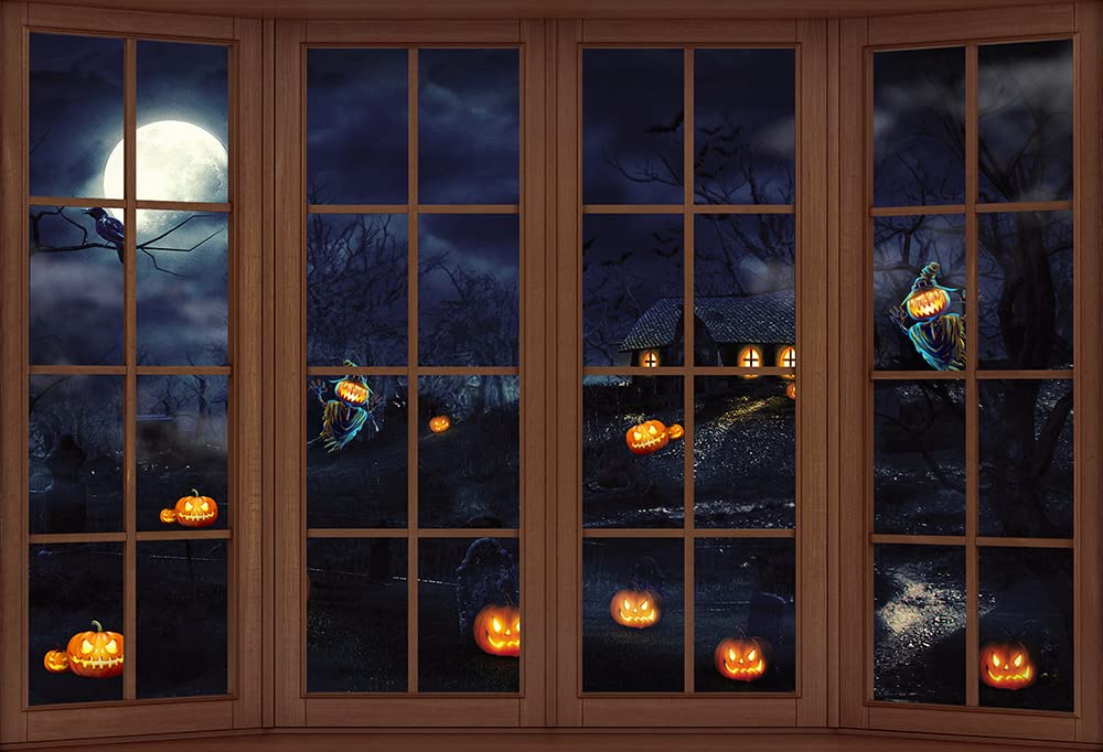 7x5ft Halloween Photo Backdrop with Wood Windows & Pumpkin Lanterns - Spooky Night Photography Background for Studio, Party Decor, Halloween Props (2.2x1.5m) - Perfect for Halloween Photoshoots, Themed Parties & Social Media Content