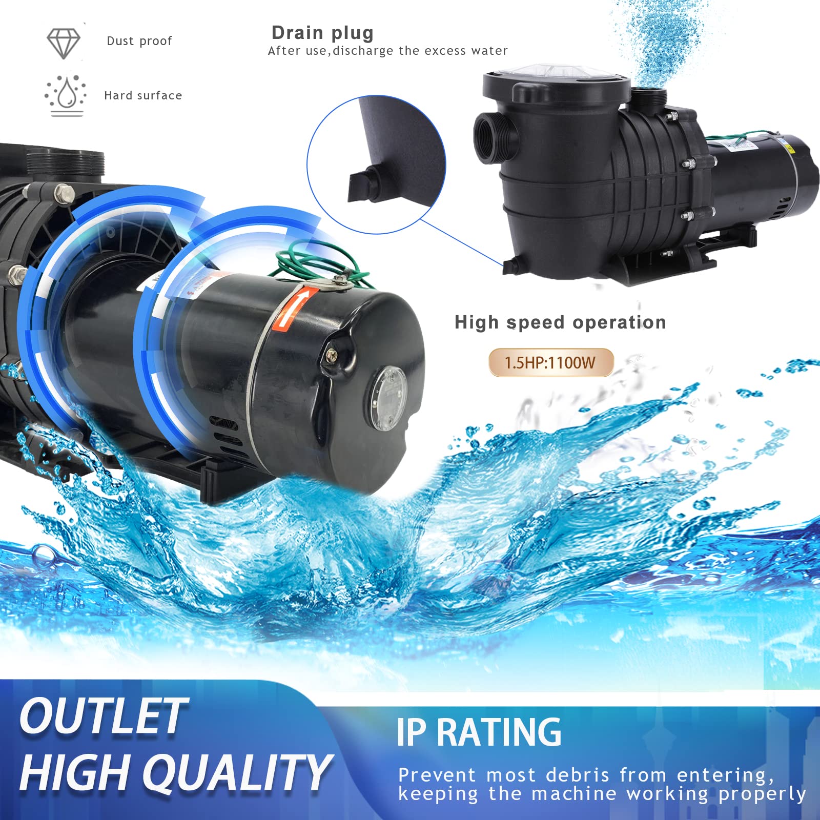 1.5 HP Inground/Above Ground Swimming Pool Pump - 110V/220V Dual Voltage, Self-Priming with Strainer Basket & Drain Plug - 1100W 60Hz Quiet Operation - Perfect for Backyard Pools, Spas & Water Features