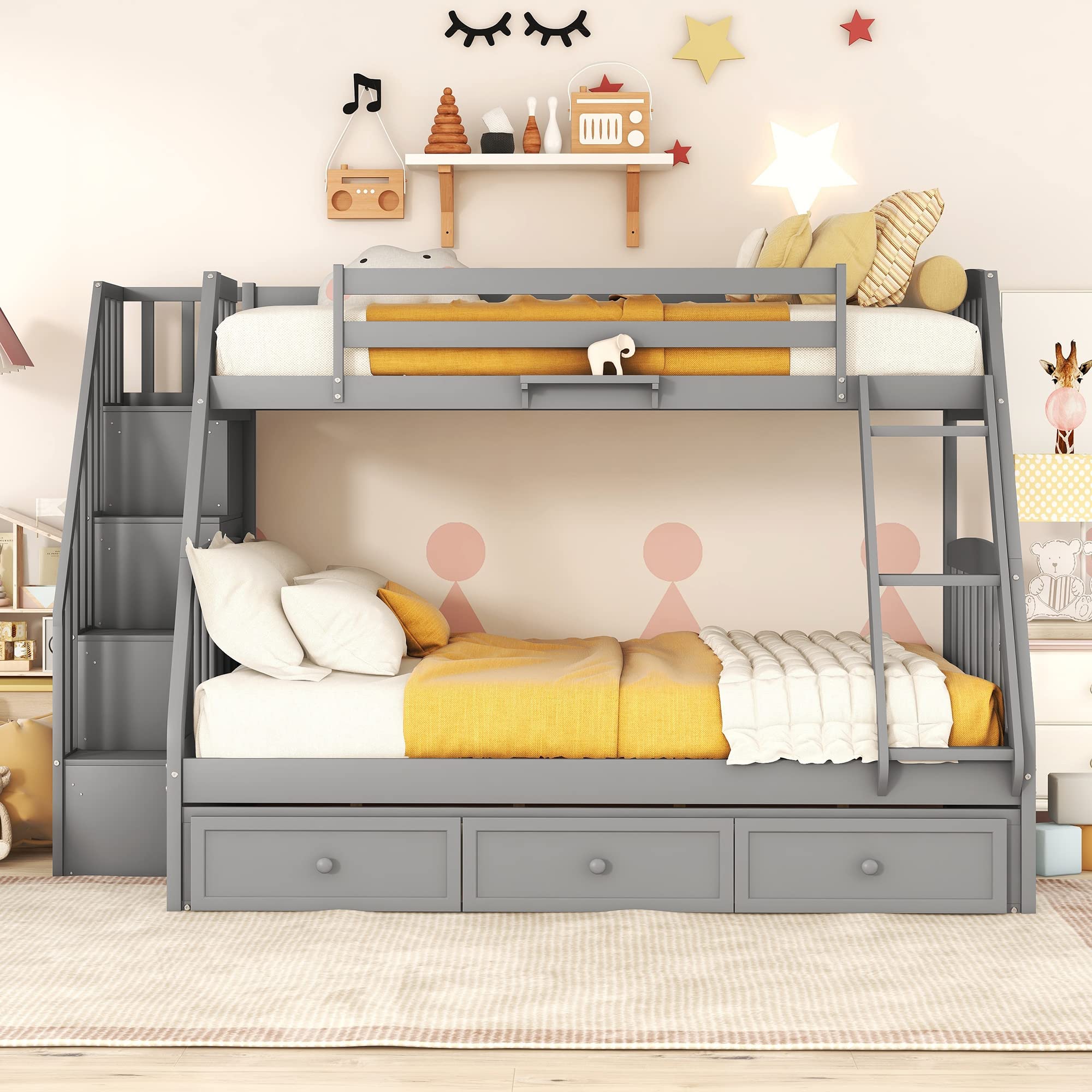 Solid Wood Twin-Over-Full Bunk Bed with Stairs & Storage - Kids Teens Adults Bedroom Furniture (Gray)